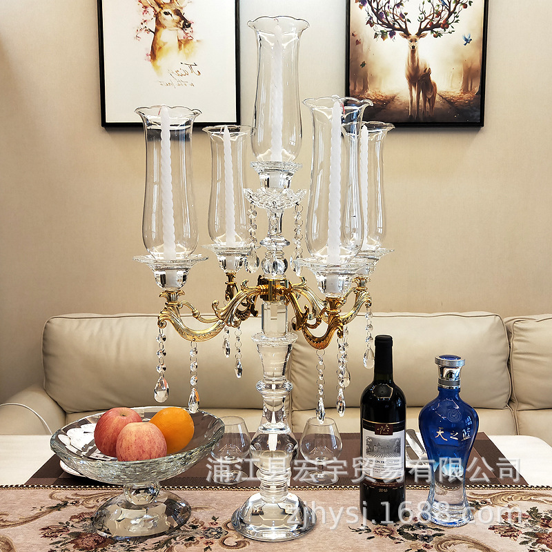 Spot Wholesale European Five Head Crystal Candlestick Wedding Props Candle Table Decoration Model Room Home Hotel Soft Decoration details Picture