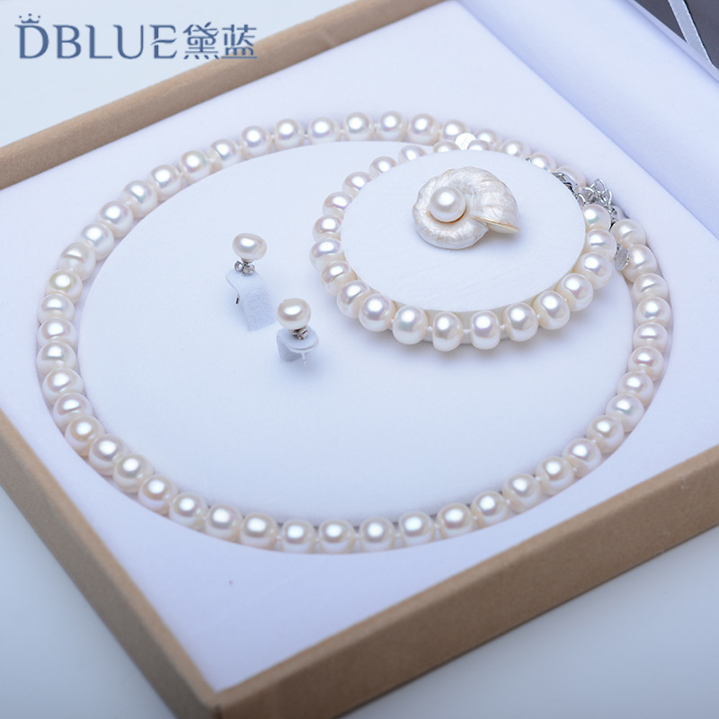 Blue freshwater pearl necklace set almost no time pearl Mother's Day send mother elder send brooch gift box details Picture