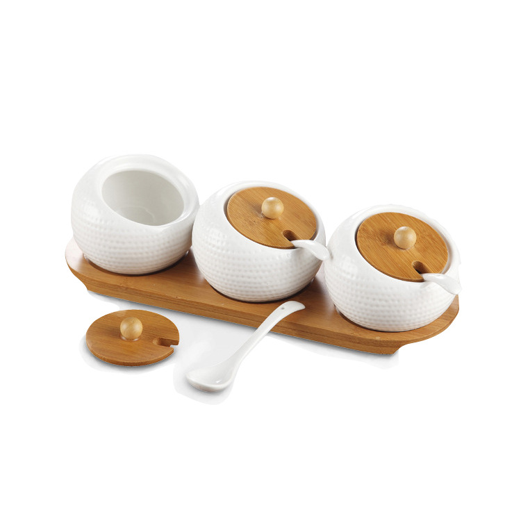 Creative ceramic three-piece set golf seasoning box set for home kitchen bamboo lid seasoning jars Application Scenario
