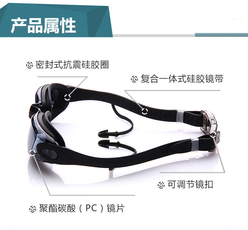 Boxed Swimming Goggles Hd Waterproof And Anti-Fog Swimming Glasses For Men And Women Large Frame Electroplating Goggles With Earplugs Flat Light Swimming Goggles Specification drawing