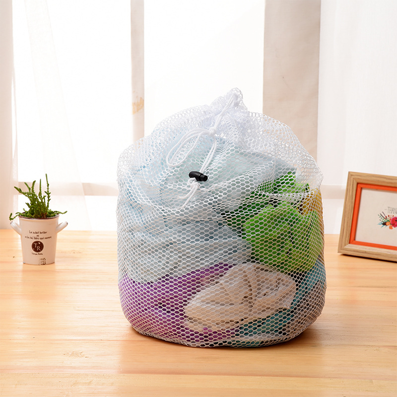 跨境热销超市水果蔬菜网袋可循环回收抽绳束口袋果蔬涤纶袋洗衣袋图