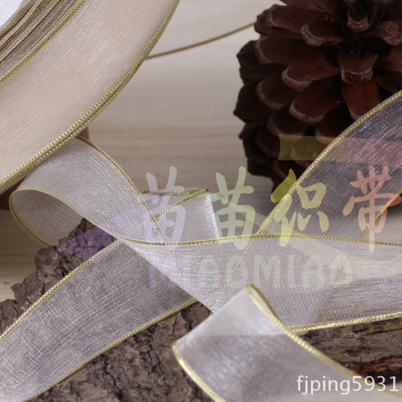 5-point white semi-transparent gold and silver scallion ribbon with gold thread edge snow gauze ribbon DIY white snow gauze ribbon with gold edge gauze ribbon details Picture