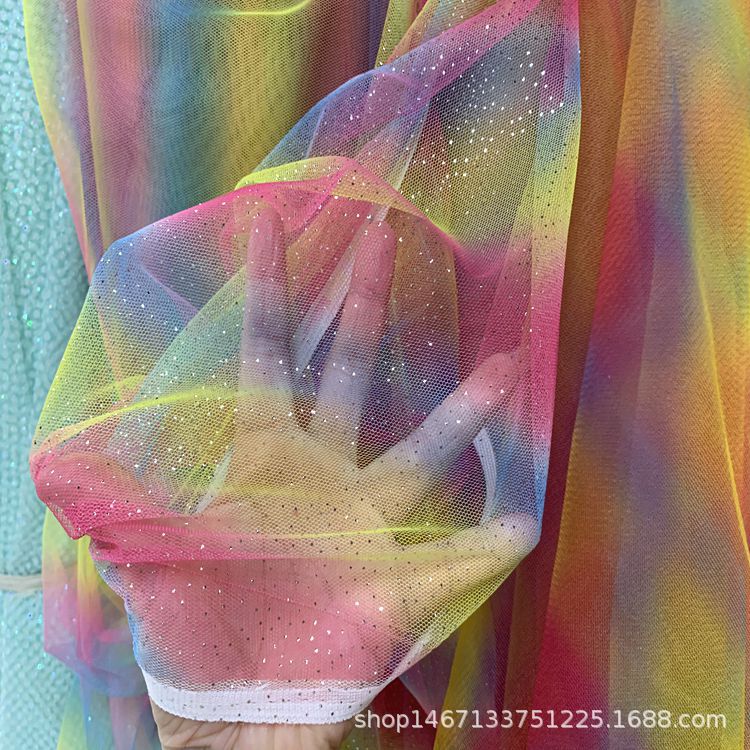 Polyester rainbow striped mesh fabric for clothing, puffy skirts, toys, headscarves, hair accessories, and seven-color starry sky mesh gauze Specification image