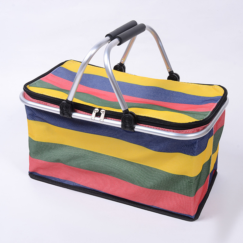 Fashionable striped folding shopping basket, household hand-held shopping basket, Oxford fabric waterproof picnic bag, cross-border supply insulated bag, meal bag, red wine insulated bag, catering camping box, ice bag insulated bag, insulated box