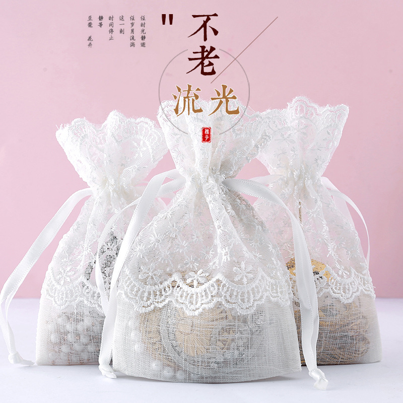 New style drawstring bag, white starry lace drawstring yarn bag in stock, bamboo joint yarn jewelry gift bag, lace storage bag details Picture