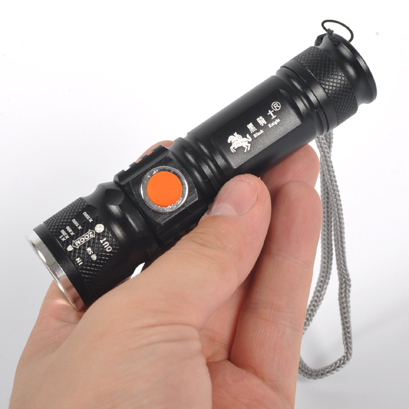 黑骑士USB充电强光手电筒 迷你便携式充电手电筒T6灯三档变焦手电详情图2