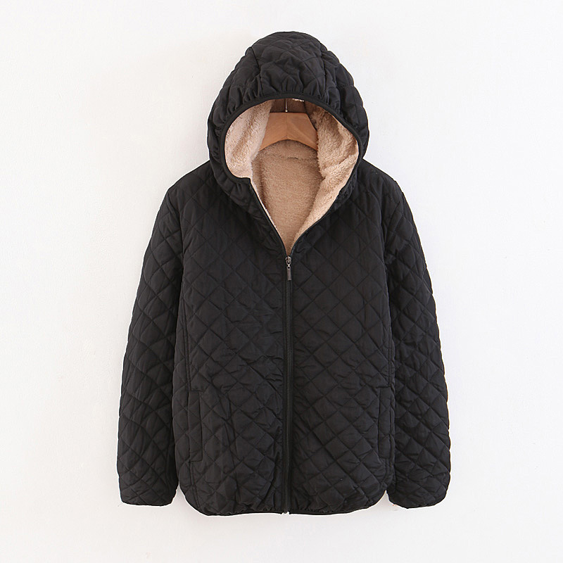 2022 Winter Korean Version Slim-Fit Checked Lamb Wool Hooded Close Thick Warm Cotton-Padded Coat Women's Extra Size details Picture