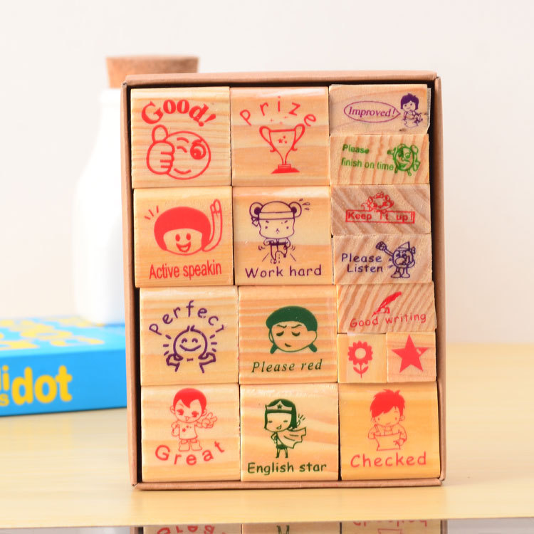 Wooden cartoon evaluation, encouragement stamp, children's toy gift stamp, wooden box set details Picture