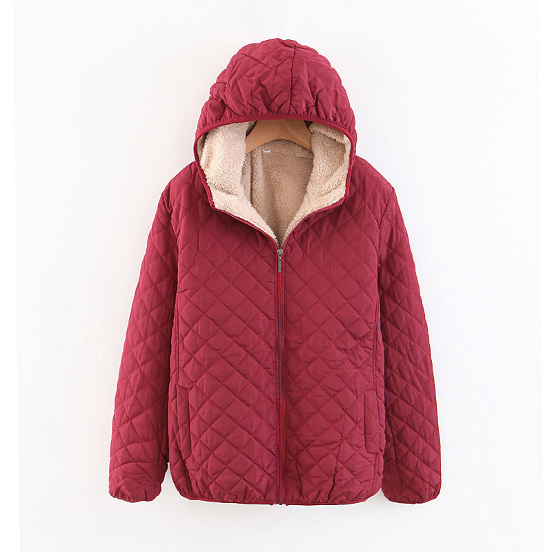 2022 Winter Korean Version Slim-Fit Checked Lamb Wool Hooded Close Thick Warm Cotton-Padded Coat Women's Extra Size Specification drawing