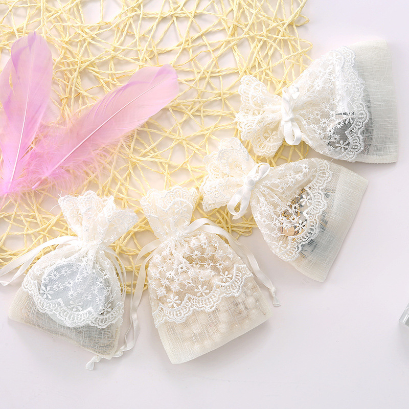 New style drawstring bag, white starry lace drawstring yarn bag in stock, bamboo joint yarn jewelry gift bag, lace storage bag Specification image