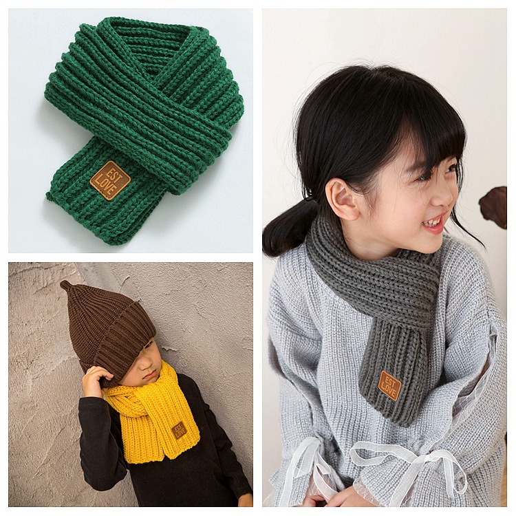 Korean Version Of Ins Knitted Children's Warm Small Scarf Autumn And Winter Wool Solid Color Leather Label Baby Parent-Child Sticker Neck