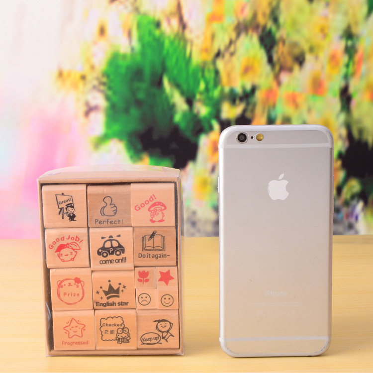 Wholesale of 15 wooden box children's gift stamps in both Chinese and English versions of the new cartoon teacher's comment encouragement stamps details Picture