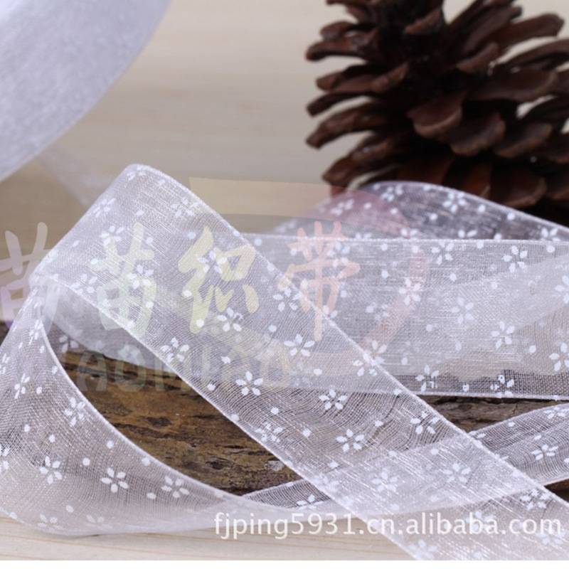 2.5cm printed snow yarn ribbon with single-color small flower webbing, cute pure white bow webbing wholesale Specification image