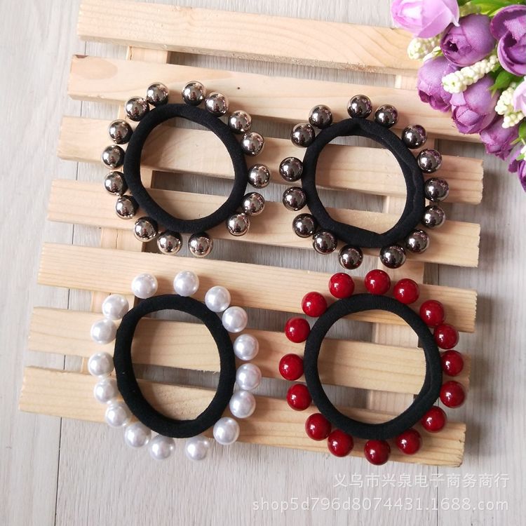 【 No. 56 Hair Tie 】16 beads 100 per bundle Korean style hair tie 16 beads Hair band pearl leather band seamless hair tie One yuan fashionable hair accessory wholesale supply details Picture