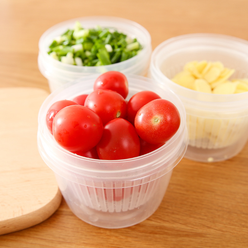 Simple, round, transparent, double-sealed scallion, ginger and garlic preservation box for kitchen and refrigerator, portable plastic round, water-draining and tight details Picture