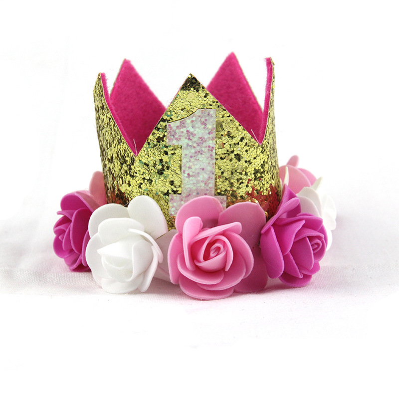 Birthday Hat One Year Old Themed Creative Digital Baby Shower Supplies Decorated With Shiny Flowers Crown Hat details Picture