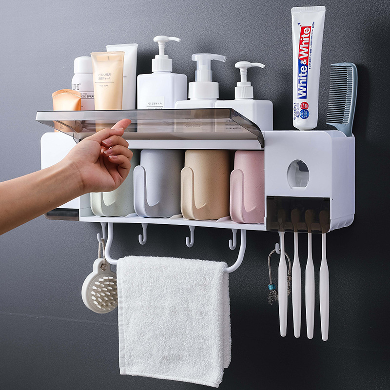 Multi-functional bathroom wall-mounted toothbrush stand, wall-mounted washbasin stand, bathroom storage rack, mouthwash cup set, no need for drilling