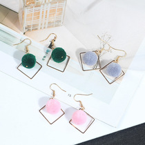 Korean version of the same furry ball stud earrings with geometric diamond-shaped multi-color hairball earrings manufacturers direct wholesale