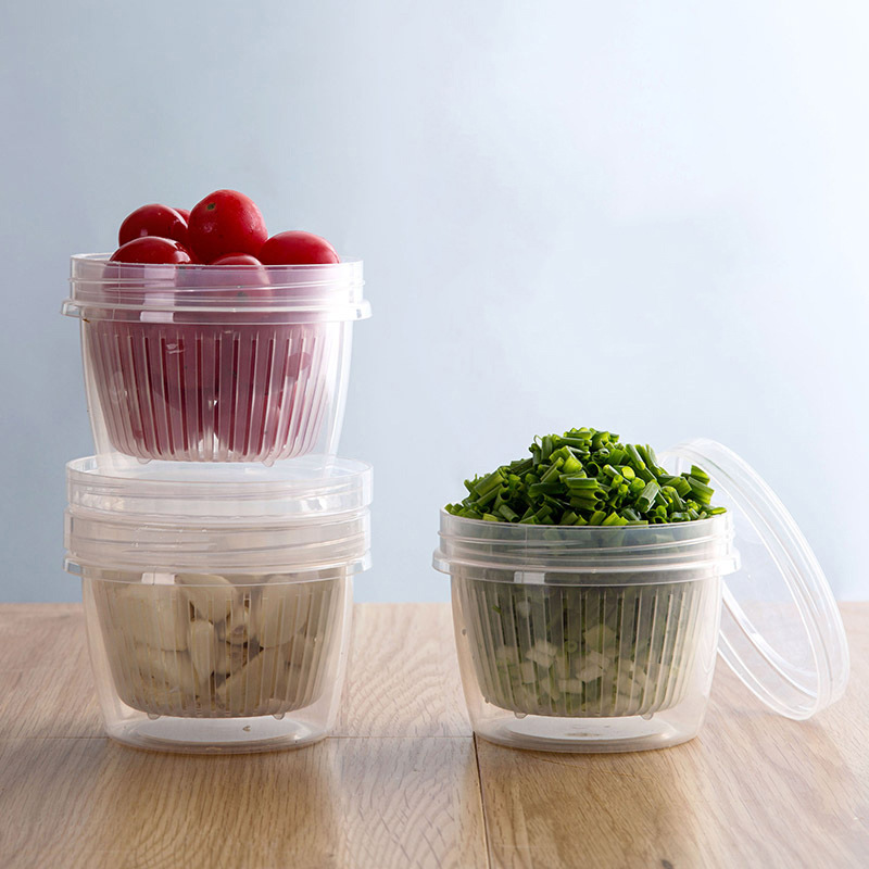 Simple, round, transparent, double-sealed scallion, ginger and garlic preservation box for kitchen and refrigerator, portable plastic round, water-draining and tight Application Scenario