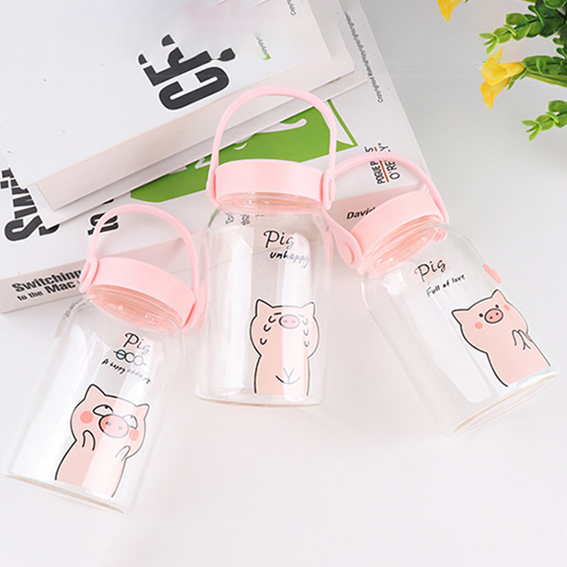 促销礼品定logo 300ML卡通韩版Q萌小猪玻璃杯学生便携手提杯子
