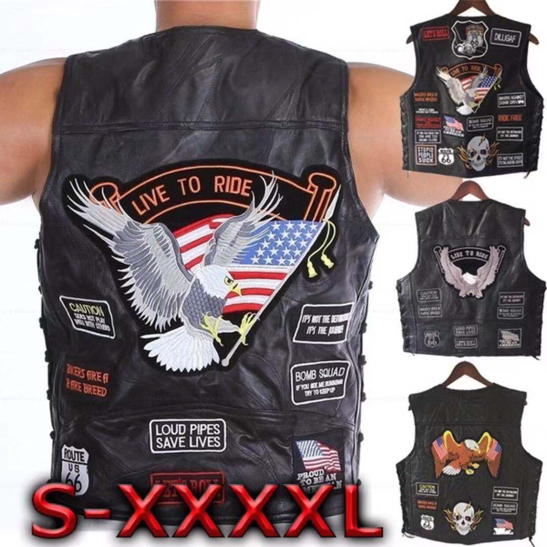 American super cool motorcycle riding vest, leather vest, men's leather waistcoat, embroidered badge, net version, multiple types of waistcoats Item Picture