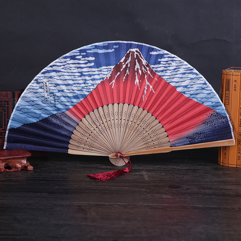 Japanese Series True Silk Bamboo Fan Red Japan Fuji Kanagawa Wave Fan Children Fan Wholesale Amazon Burst details Picture