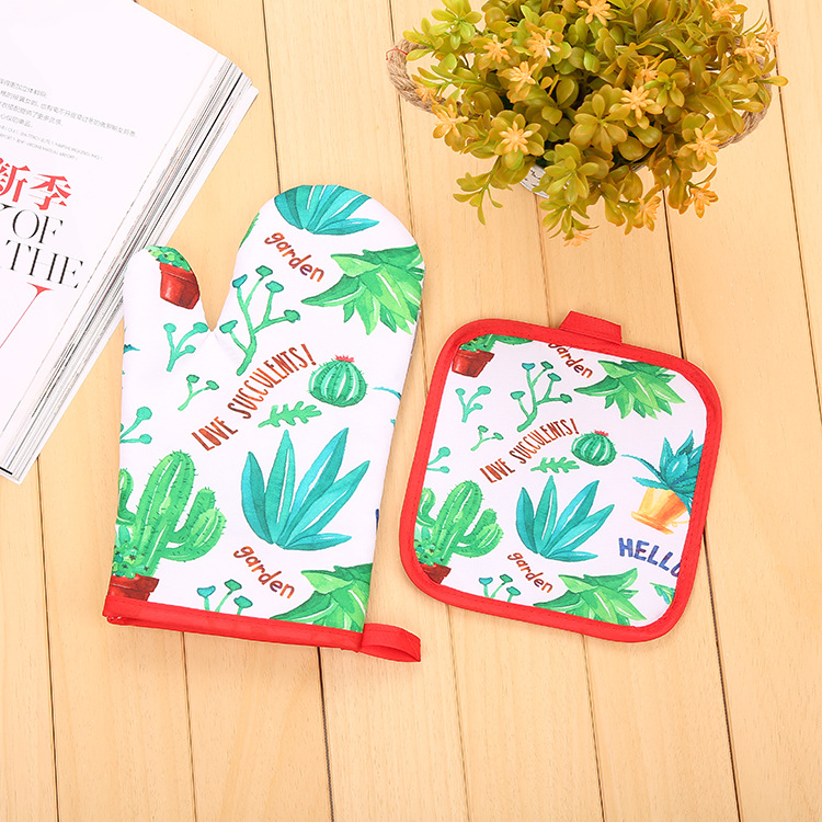 【LOVELY HOME】【 Hold Jia 】 Factory direct sales INS Green plant microwave oven gloves thickened insulation two-piece set digital printing baking two-piece set full figure