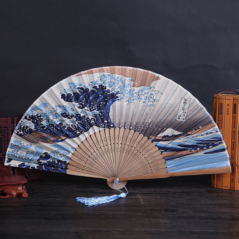 Japanese Series True Silk Bamboo Fan Red Japan Fuji Kanagawa Wave Fan Children Fan Wholesale Amazon Burst