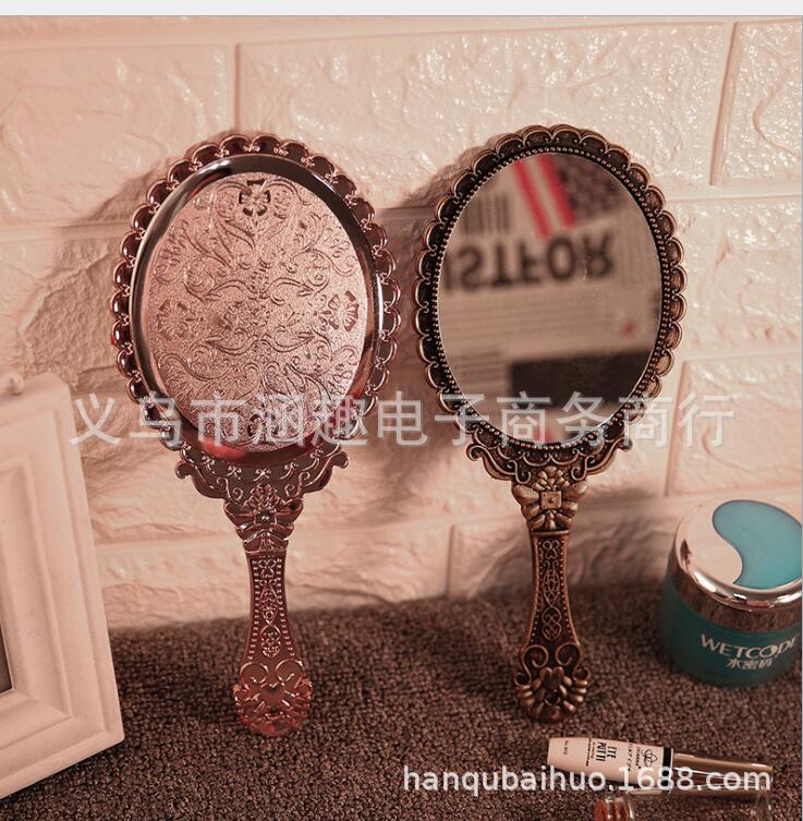 复古时尚创意便携随身花边镜手拿手持镜花纹手柄化妆镜化妆镜