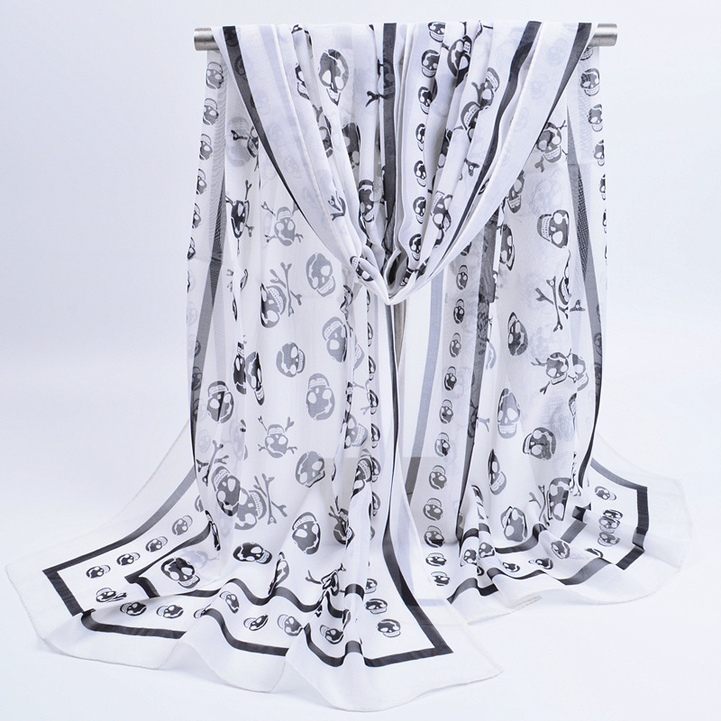 New Fall Halloween Skull Chiffon Small Silk Scarf Europe And The United States Foreign Trade Thin Long Gauze Scarf Decoration Gift Scarf details Picture