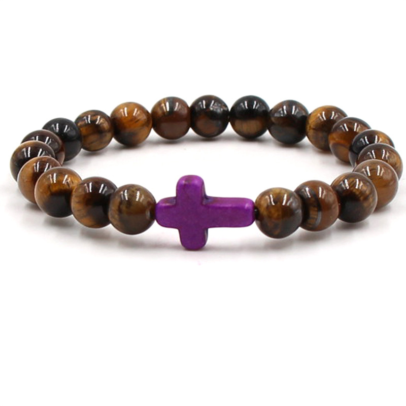 Europe And The United States Foreign Trade Express Amazon Hot Selling Pine Stone Cross Tiger Eye Stone Hand String Rosary Beads String Couple Bracelet Gift Manufacturers Wholesale Item Picture