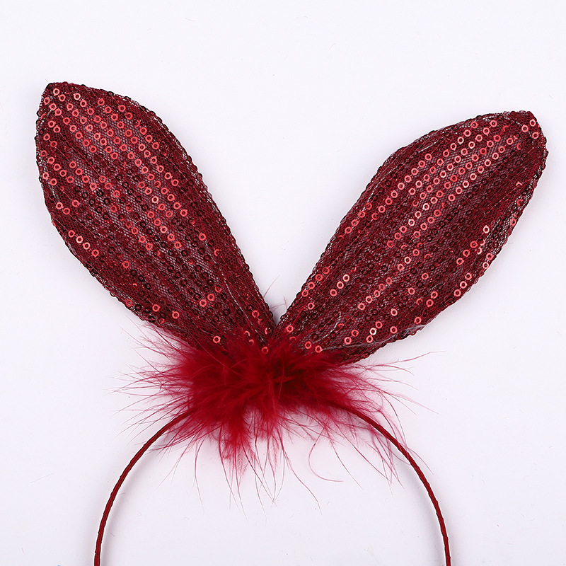 Hot Halloween Feather Sequins Lace Lace Rabbit Ears Bow Fine Headband Solid Color Headwear Multi-Color Wholesale Specification drawing