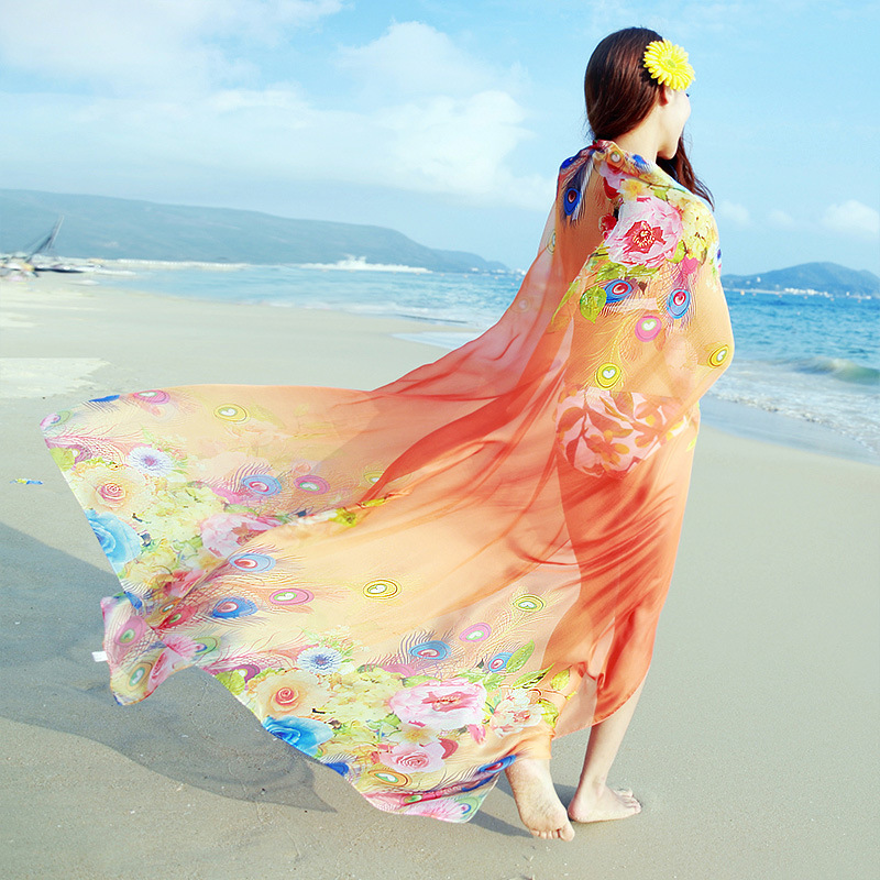 2019 New Scarf Female Chiffon Silk Scarf Female Spring/Summer Korean Version Long Seaside Super Beach Shawl Gauze Scarf Application Scenario
