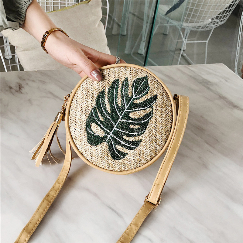 Pineapple embroidery small round bag Korean style versatile and simple single-shoulder crossbody women's bag 2025 Summer new women's bag woven Specification image