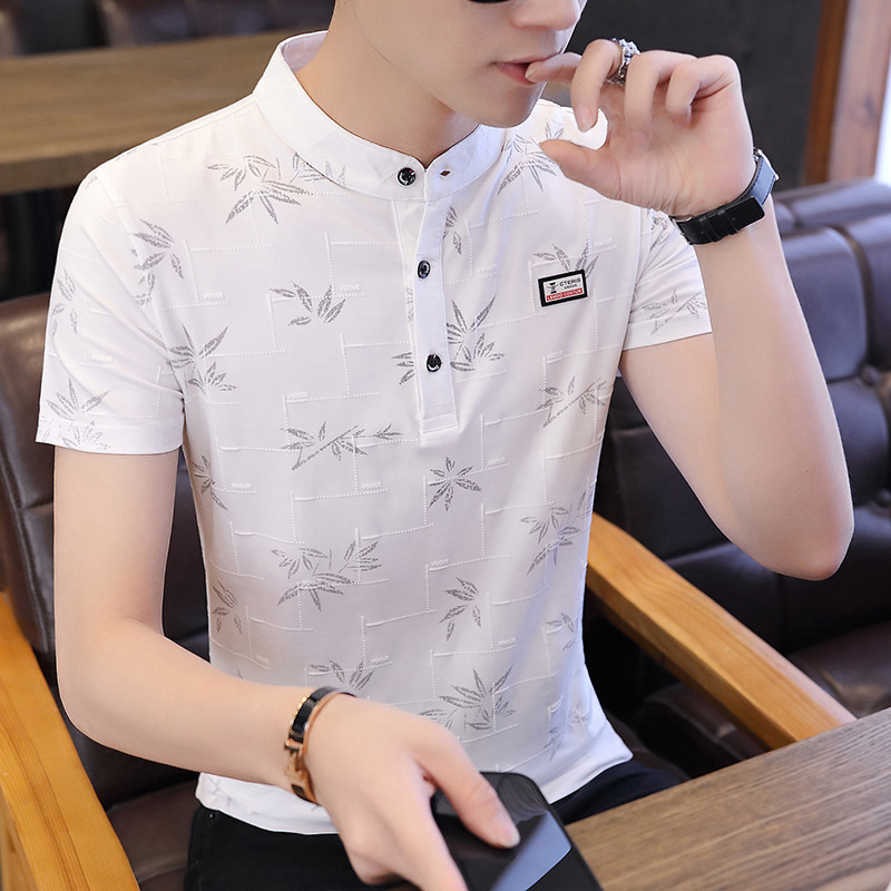 Summer men's stand-up collar, fashionable and personalized printed short-sleeved T-shirt, trendy Korean-style slimming men's pullover top for teenagers