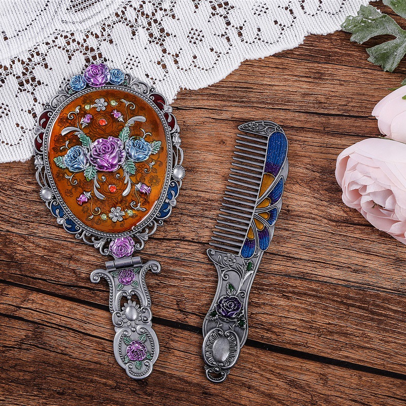 创意复古浮雕花纹孔雀系列化妆镜便携随身折叠金属手柄美容梳镜子详情图2