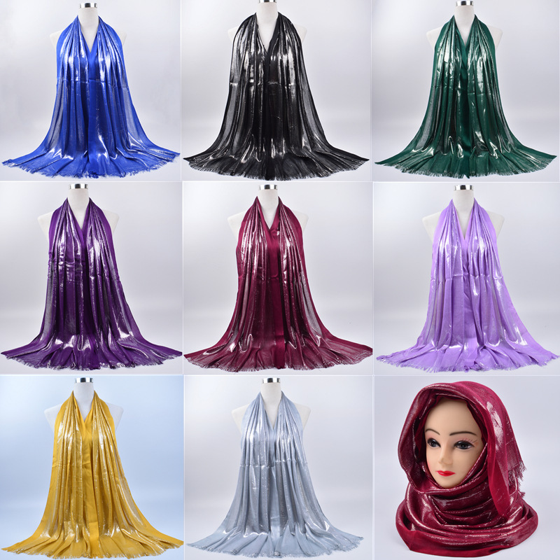 Foreign Trade Spring And Autumn New Cotton Gold Silk Scarf Ladies Monochrome Tassel Silk Scarf Muslim Baotou Long Scarf Europe And The United States