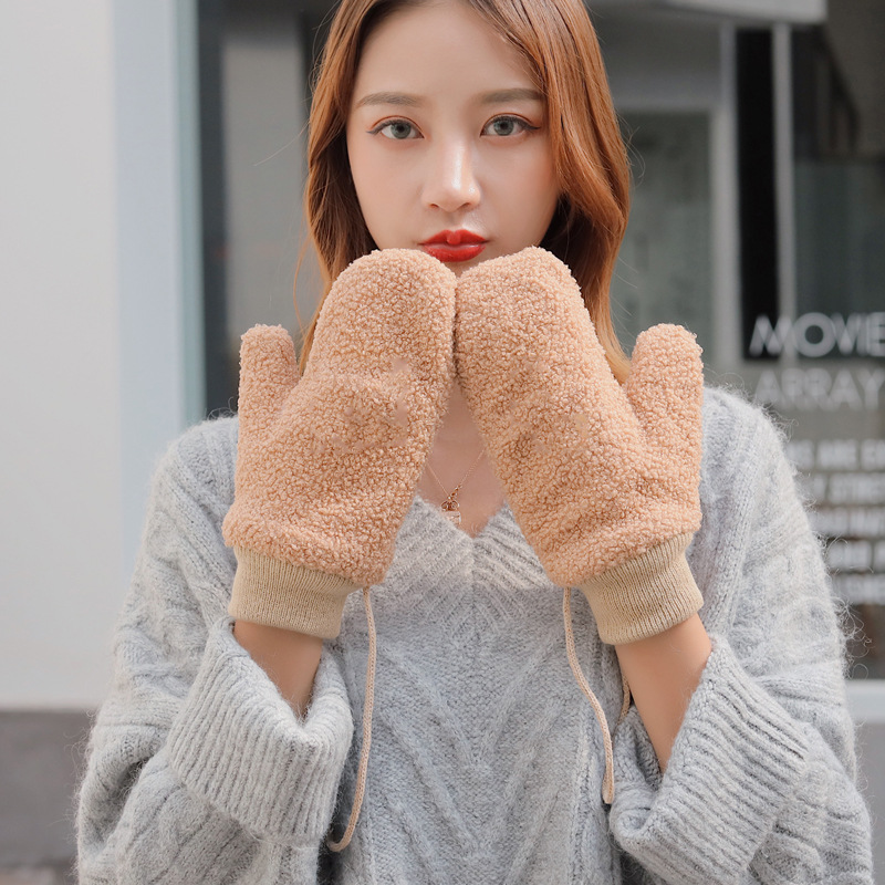 手套女冬保暖韩版可爱学生加绒加厚骑车女士冬季防风毛绒手套时尚