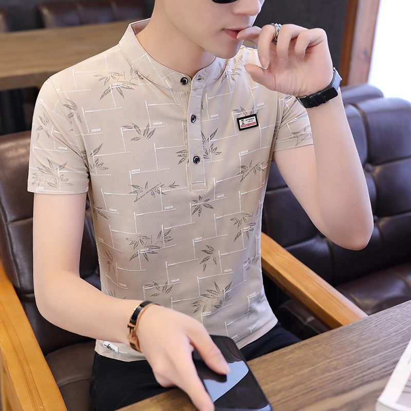 Summer men's stand-up collar, fashionable and personalized printed short-sleeved T-shirt, trendy Korean-style slimming men's pullover top for teenagers details Picture