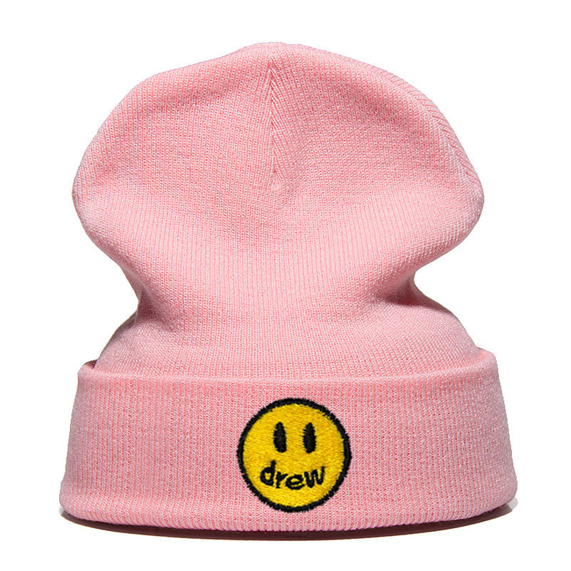 Hot-selling knitted woolen hats for men and women, Bieber smiling face drew house embroidered woolen winter hats factory, self-produced and self-sold, customizable Specification image