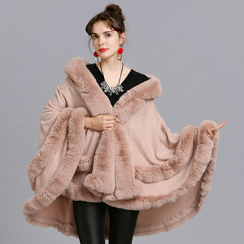 European and American autumn and winter new large-sized faux fox fur collar fur hooded knitted cardigan shawl cape coat 1566#