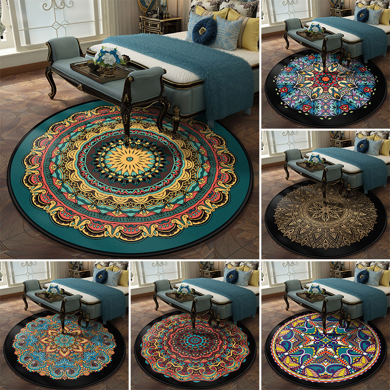 Cross Border National Wind Circular Carpet Crystal Velvet Mandala Printed Floor Mat Coffee Table Hanging Basket Living Room Home