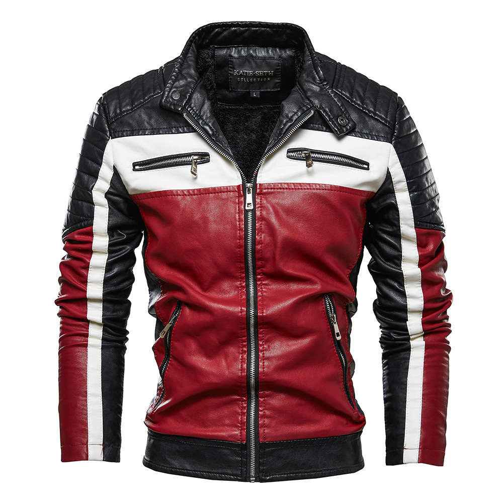 Fleece leather jacket for men, cross-border European-sized coat, youth motorcycle suit, color-blocked large-sized new fashionable leather jacket details Picture