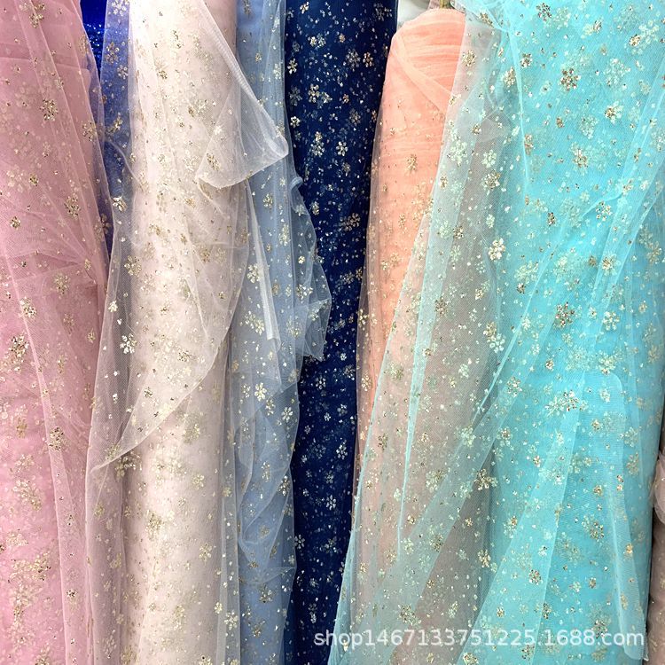 Polyester American mesh fabric clothing, headscarves, accessories, skirts, decorations, gold dot toys, mesh fabric, snowflake mesh fabric details Picture