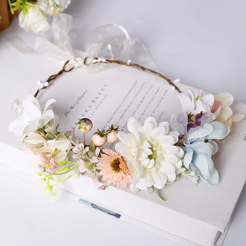 Korean-style realistic flower wreath, beige flower headband, simple semi-ring ribbon headband, forest-themed flower fairy headwear