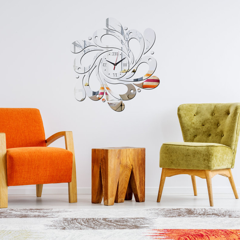 跨境产品钟表镜面贴个性静音挂钟浪花造型立体墙面装饰品墙纸墙贴