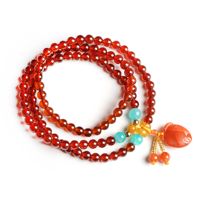 Natural orange-red garnet bracelet with three loops of 5.5mm round beads, paired with a DIY beeswax south red bracelet Item Picture