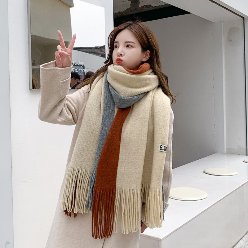 Two-Color Splicing Scarf 2022 Autumn Winter Korean Version Of The New Imitation Cashmere Fringe Warm Men Matching Color Bib Women Item Picture