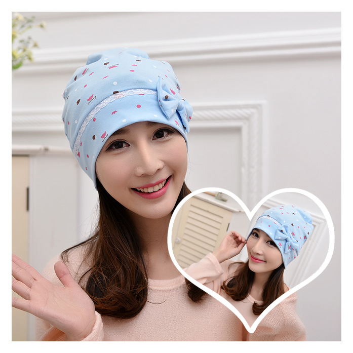 Pure cotton spring, summer and autumn maternity hats, maternity hats, windproof hats, crown flower print bow style maternity hats Application Scenario