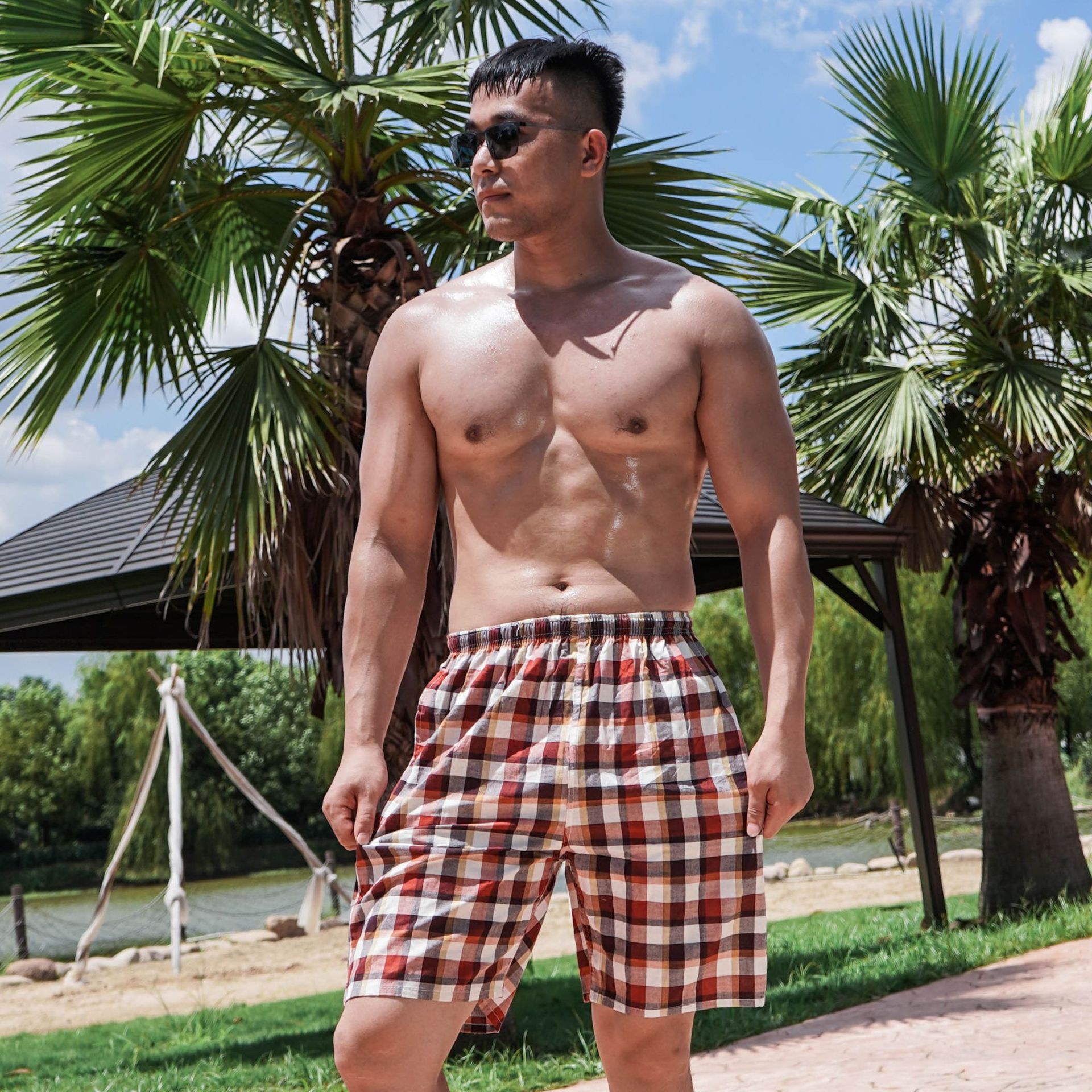 Summer Casual Plaid Men's Shorts Quarter Pants Sports Big Shorts Cotton Loose Plus Size Beach Pants Home Pants